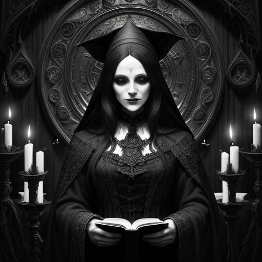 Gothic Etching of a Cat in Witch Hat