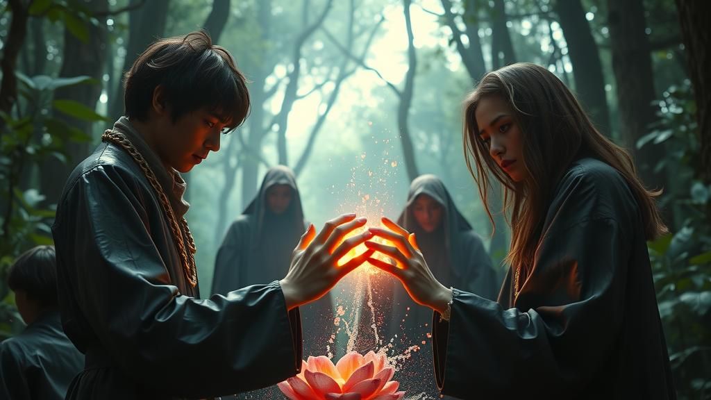 Mysterious Group Casting Magic in Forest, 8k Movie Still