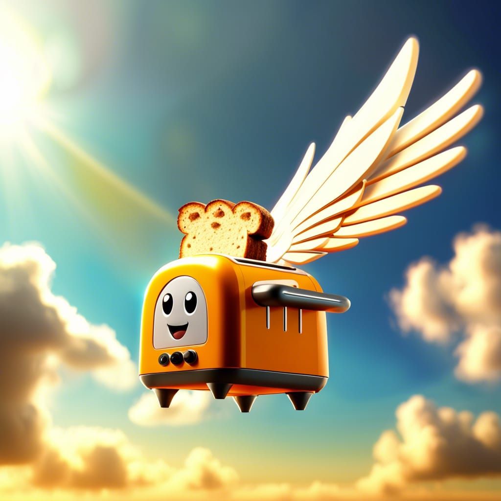Whimsical Toaster Flies in Sunny Sky: 3D Digital Art