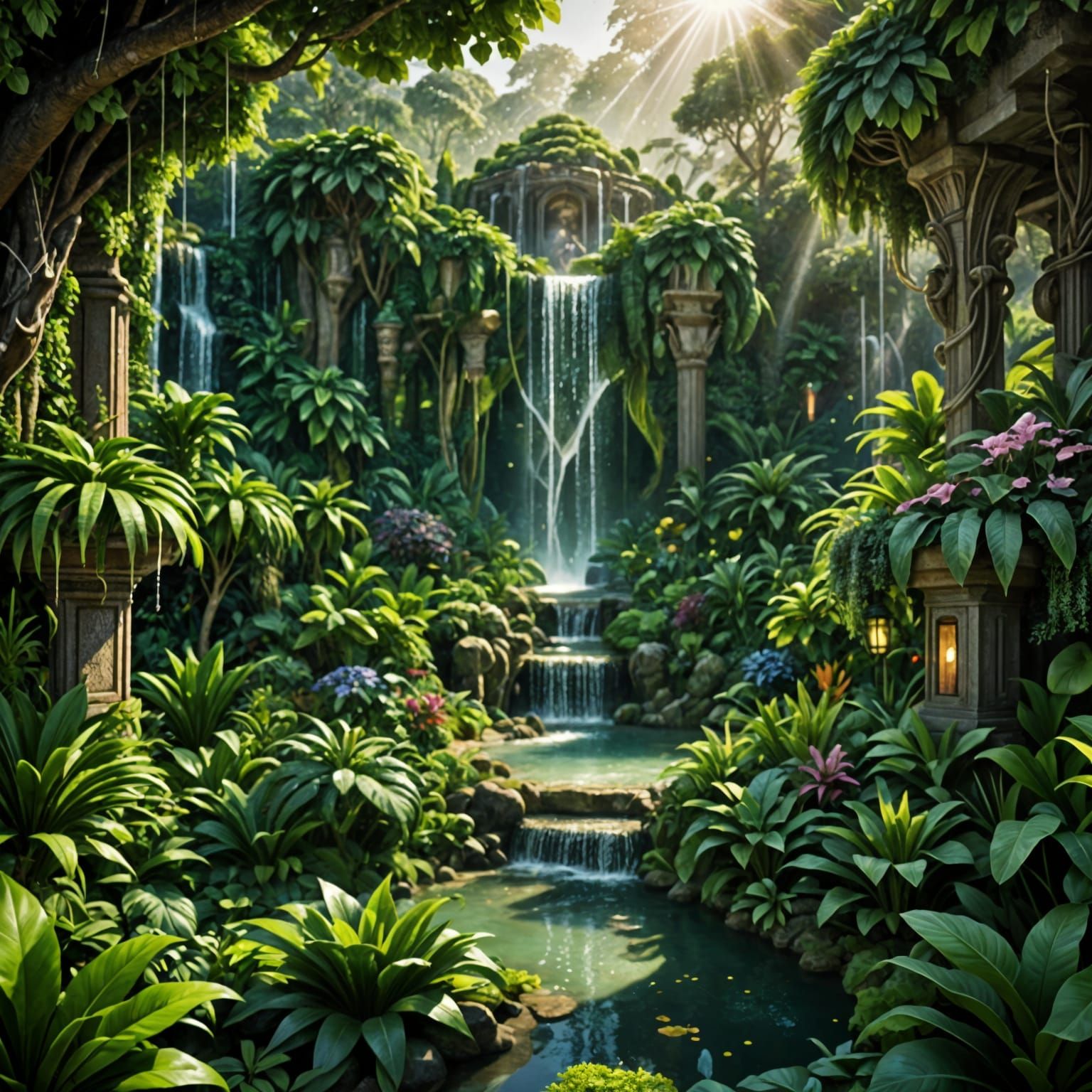 Lush Garden Paradise with Waterfall