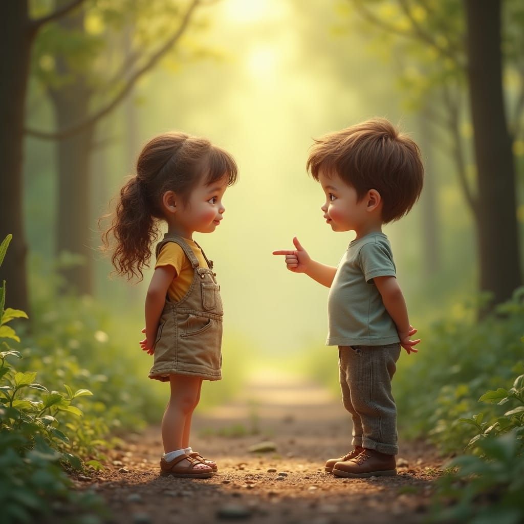 Children Decide on a Forest Path in Hyperrealistic Style