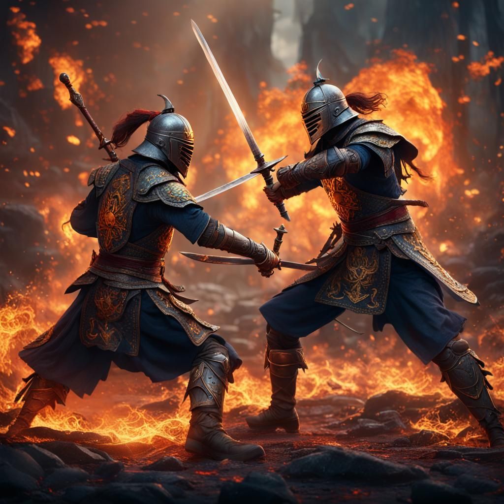 Fiery Duel: Two Warriors Clash in Fantasy Art