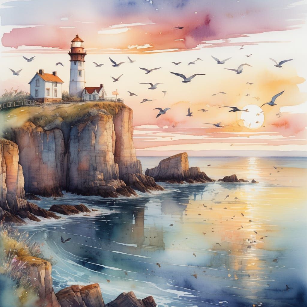 Watercolor Lighthouse at Sunset in Golden Light