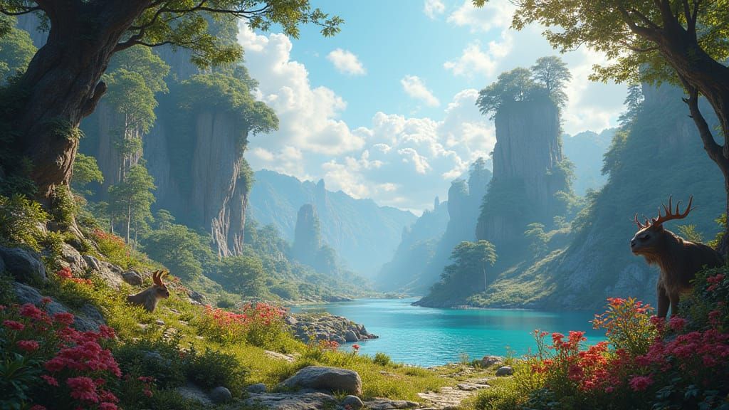 Mystical Creatures in Lush Fantasy Landscape