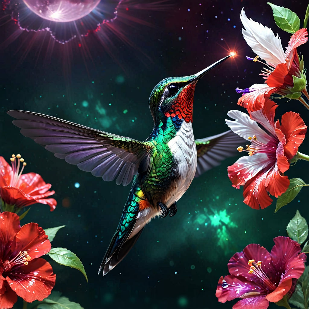 Holographic Hummingbird Pollinating Ruby Flower