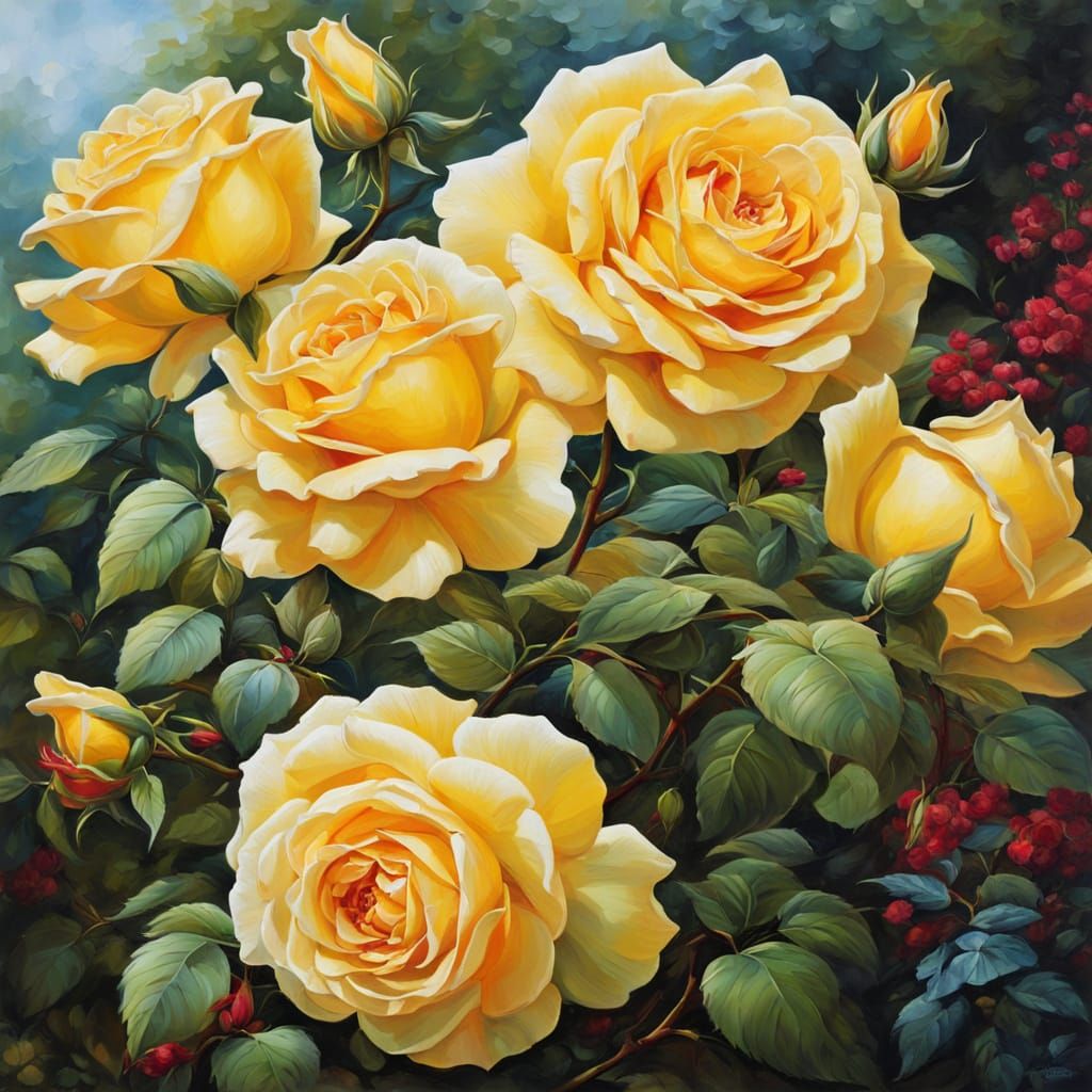 Vibrant Oil Painting of Yellow and Red Roses in a Beautiful ...