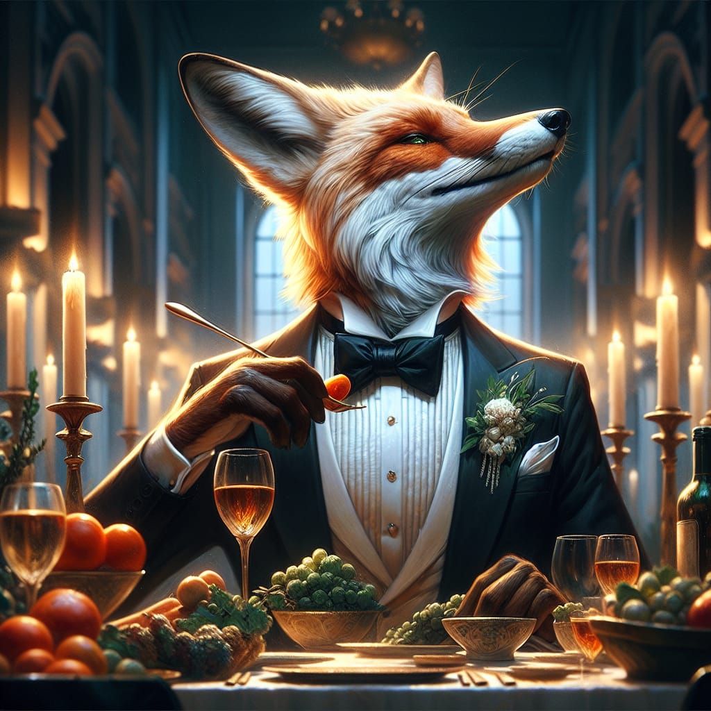 Anthropomorphic Fox in Tuxedo at Dinner Party