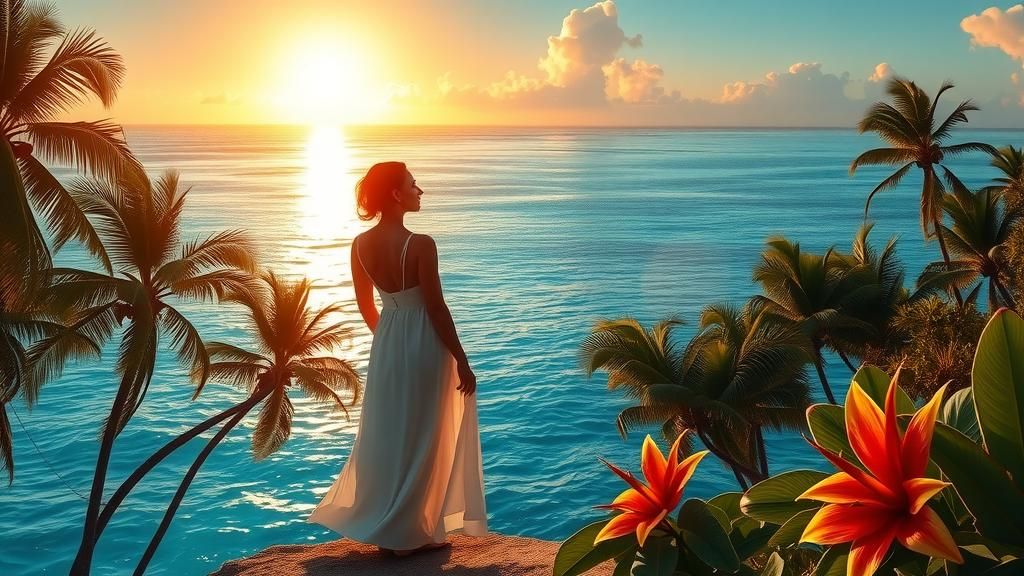 Hyperrealistic Woman on Tropical Island at Sunset