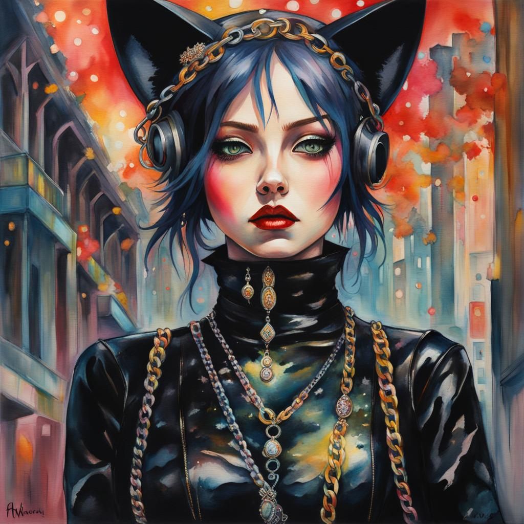 Gothic Cat Suit in Watercolor Style