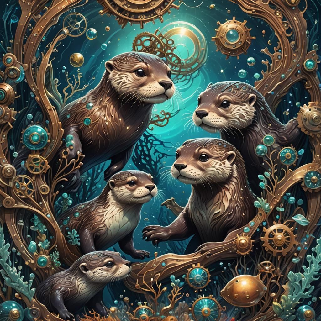 Otters Playing in Holographic Sea, Cosmic Illustration