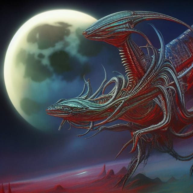 Giger-esque Bird-Fish Alien Hybrid on Distant Planet
