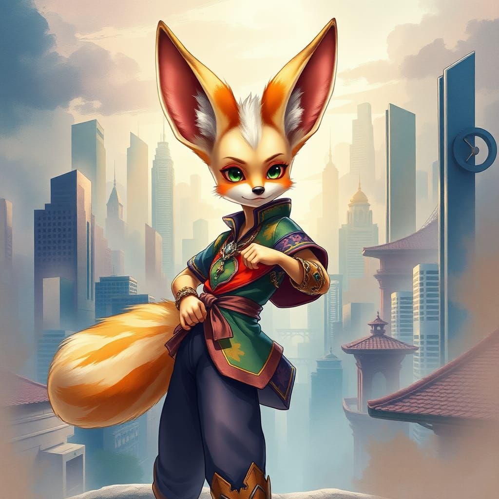 Anime Fennec Boy in Vibrant Cityscape