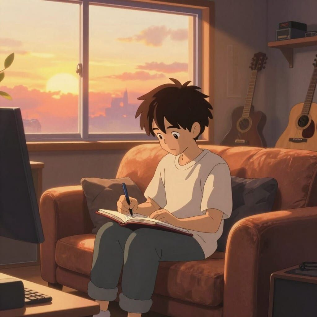 Cozy Music Studio Lo-Fi Illustration at Sunset