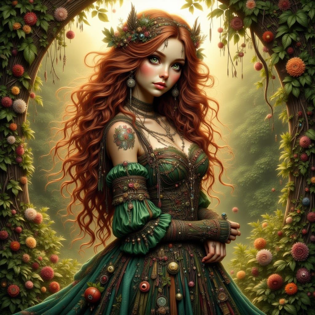 German Woman in Emerald Garden, Art Nouveau Style