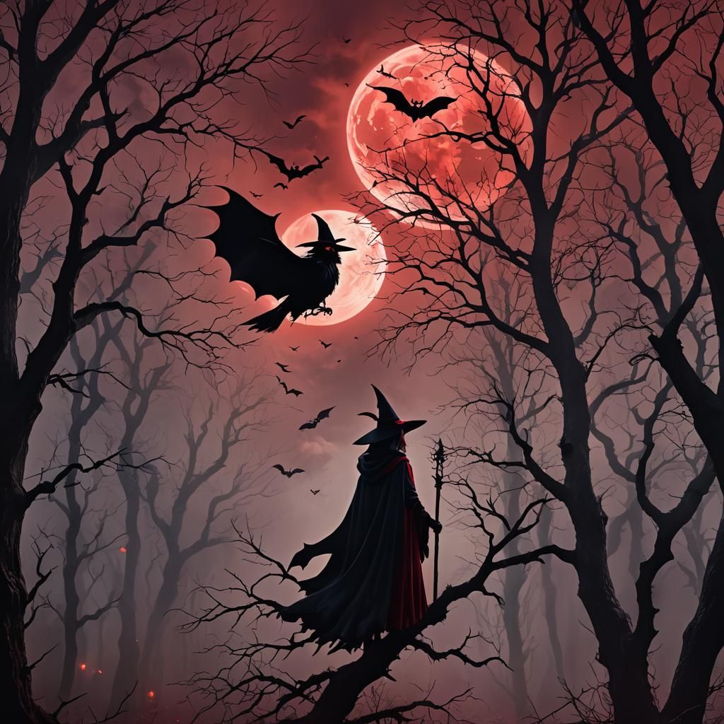 Halloween Witch in Misty Forest Under Red Moon