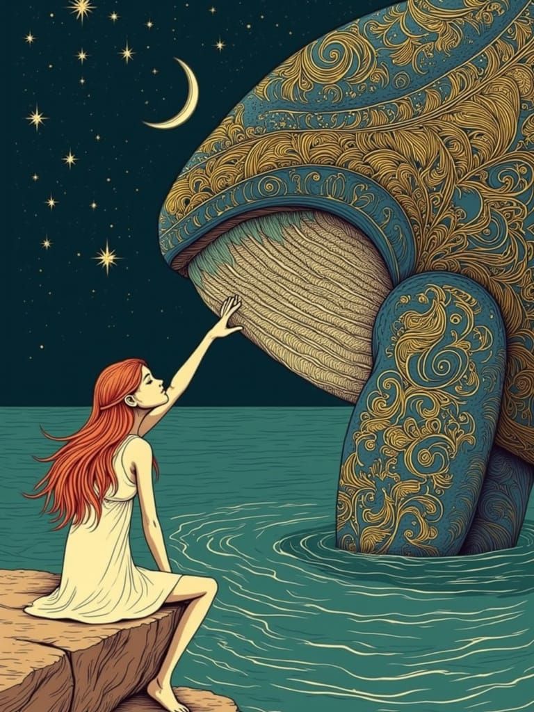Girl Touches Whale in Dreamlike Fantasy Art