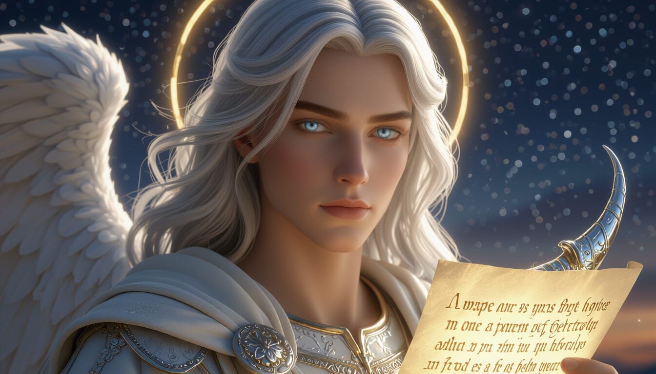 Archangel Gabriel Portrait with Silver Horn and Starry Sky