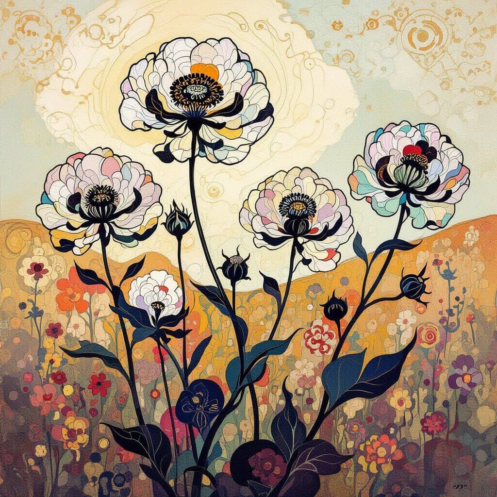 Spidery Flowers Silhouetted Against Bright Sky in Klimt Styl...