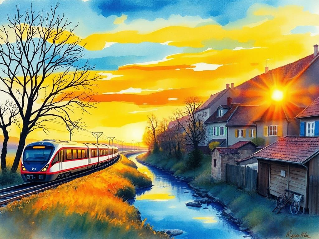 French Sunset: Watercolor Painting in Impressionist Style