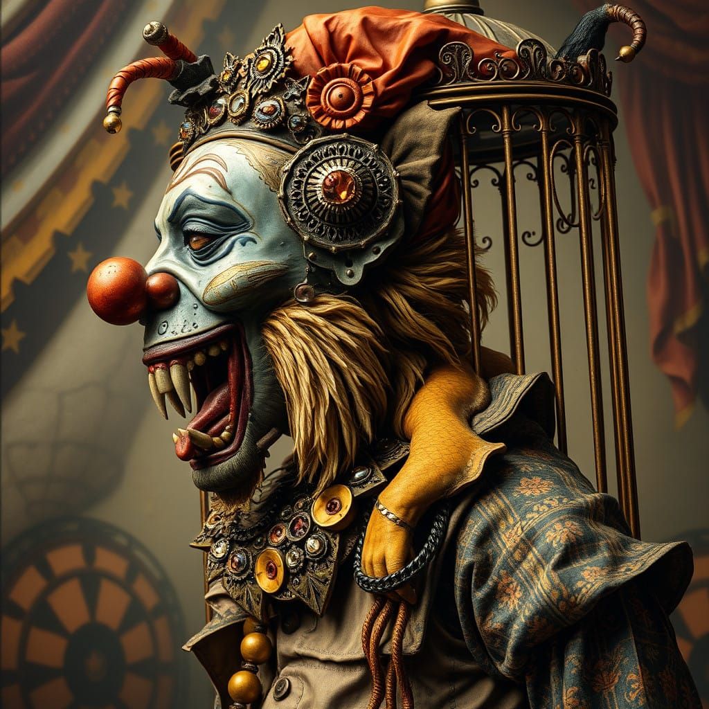 Oversized Patchwork Clown in Hieronymus Bosch Circus Backgro...