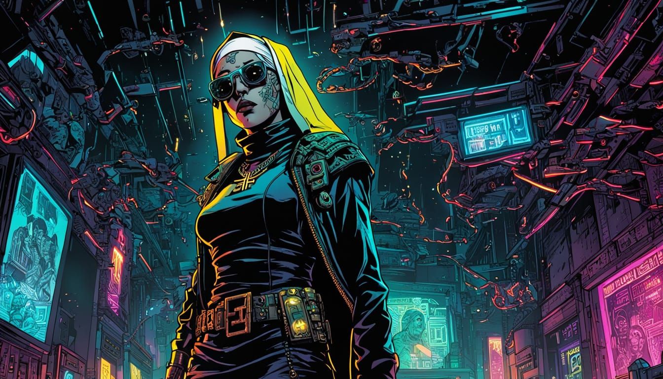 Cyberpunk Nun with Glowing Tattoos in Neon Nightclub