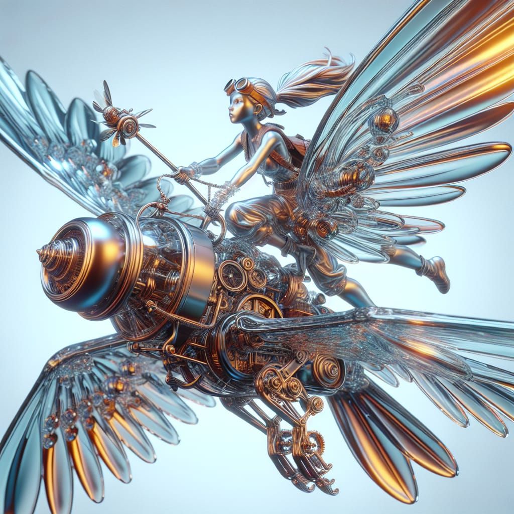 Glass Fairy Riding Steampunk Sparrow in 3D