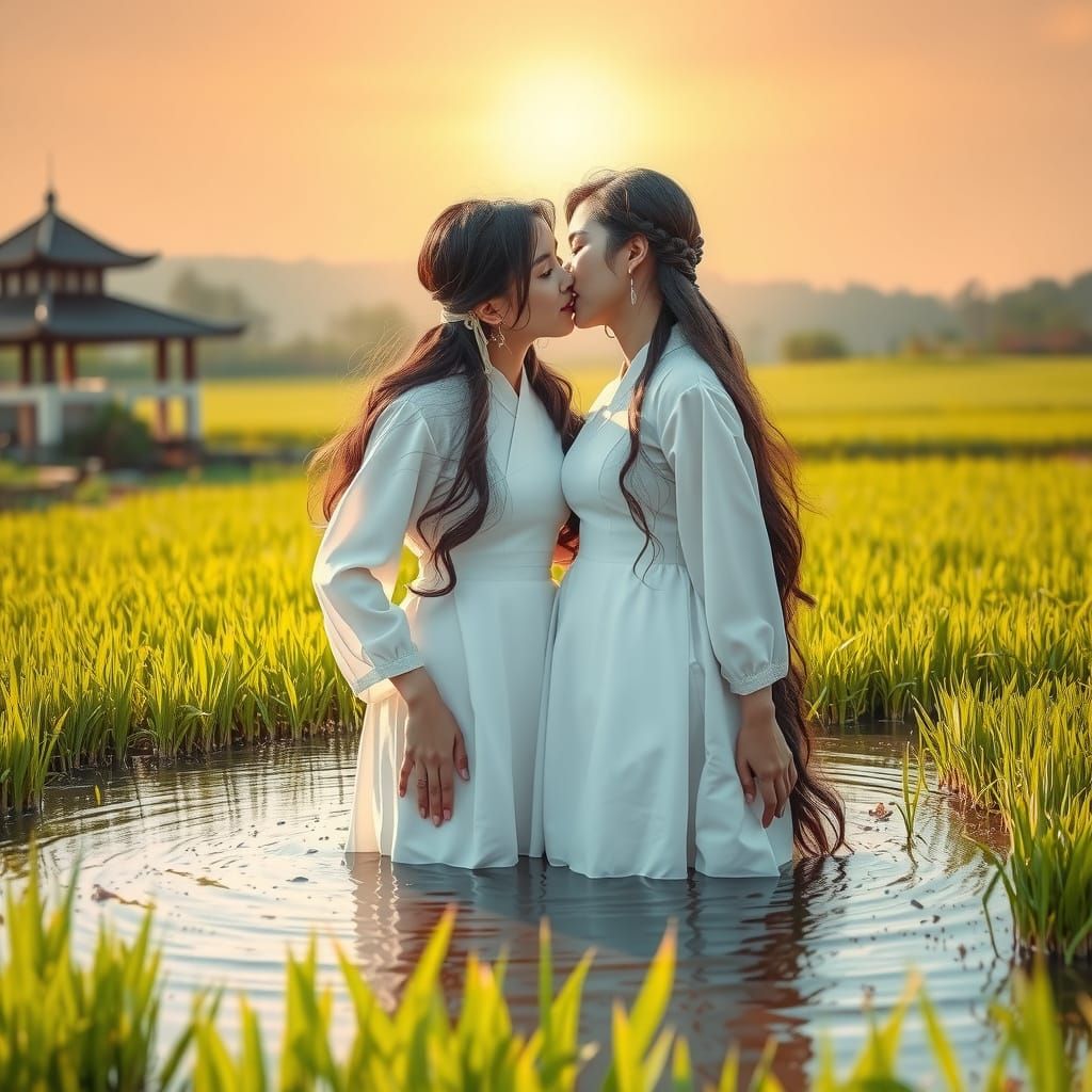 Korean Ladies in Rice Paddy Field, Dreamlike Digital Art