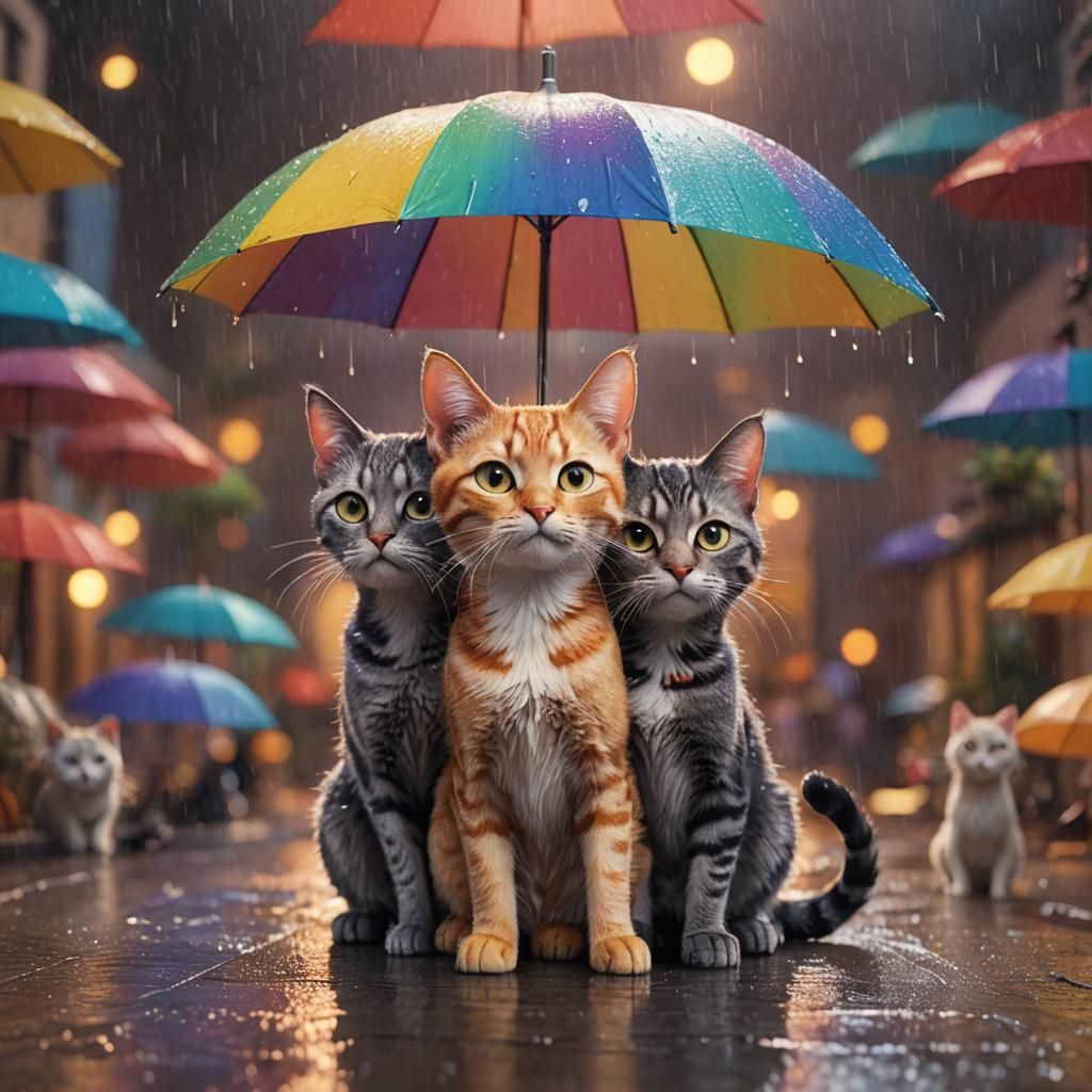 Cat Family Under Umbrella: Pixar-Style 3D Digital Art