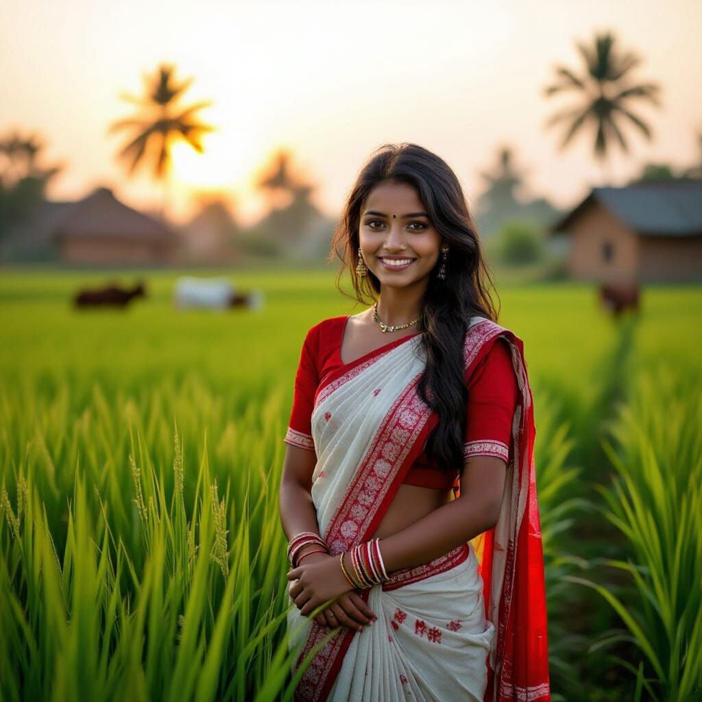 Bangladeshi Girl in Rice Field, Photorealistic Style