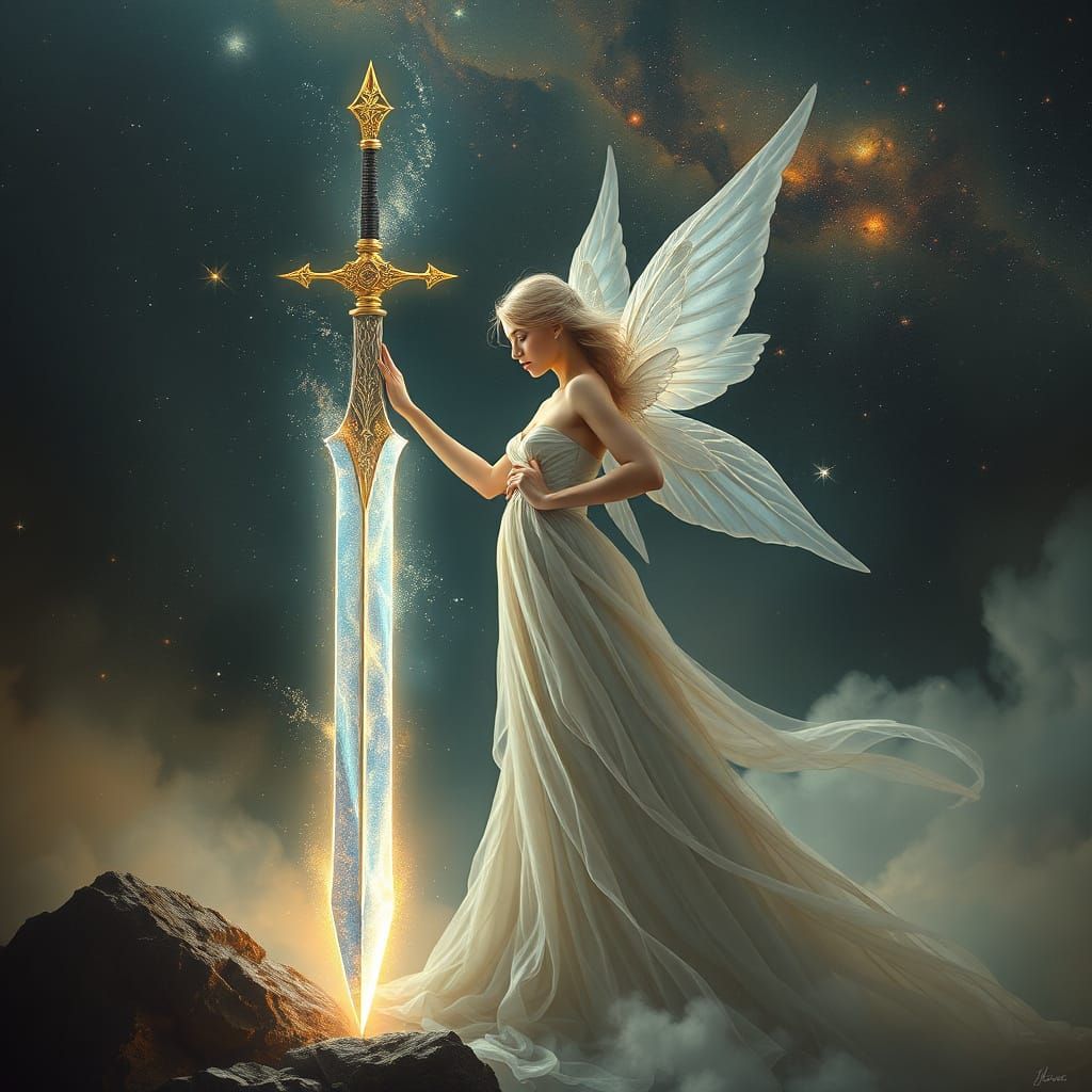 Surreal Cosmic Spirit Stands Beside Starlight Sword in Dream...