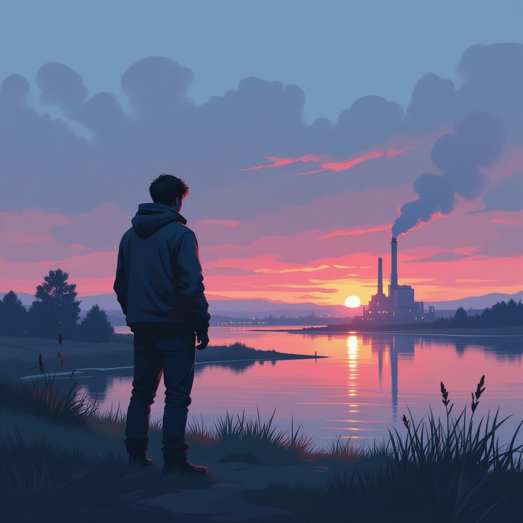 Man in Serene Landscape, Futuristic Art Style