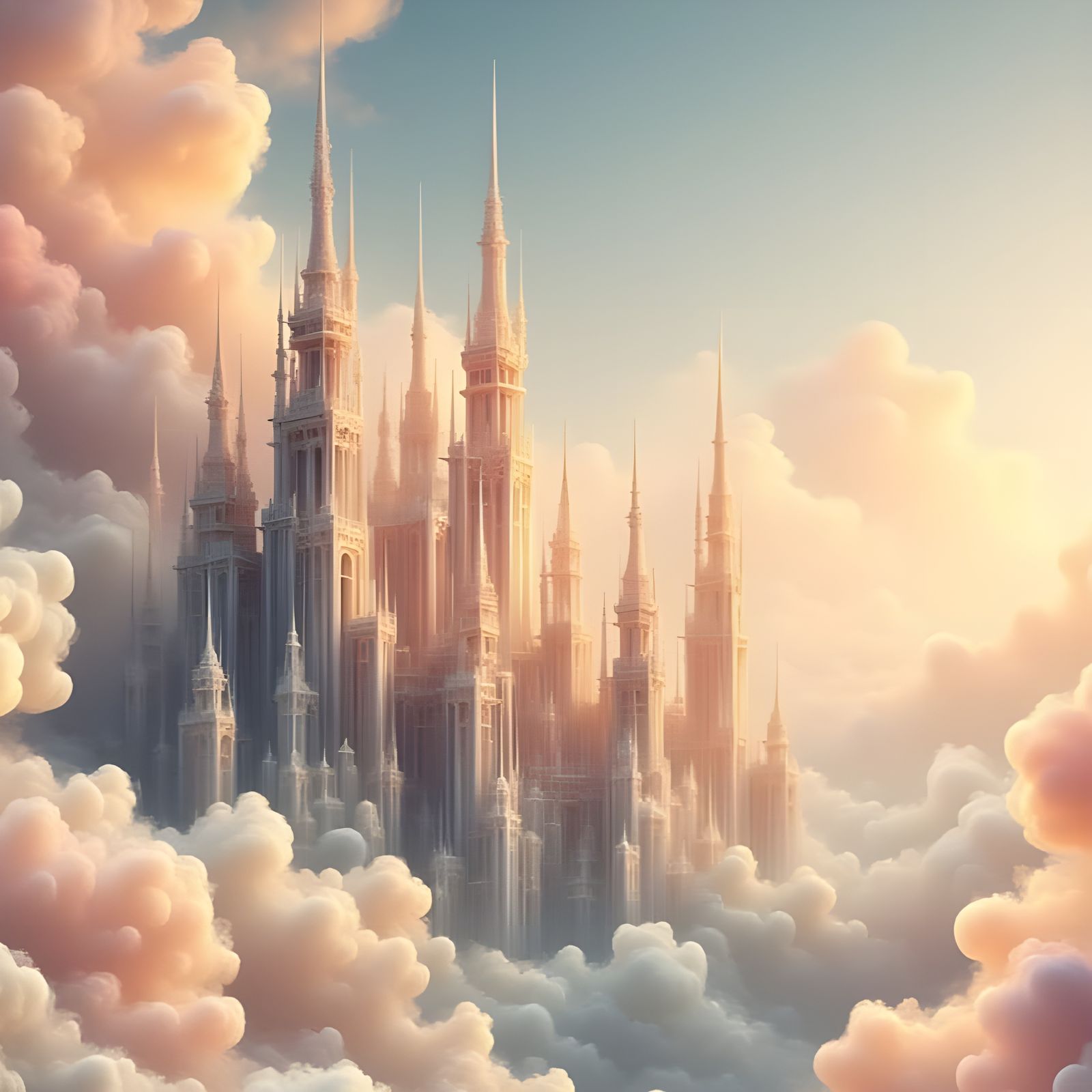 Ethereal Floating City Amidst Cotton Candy Clouds