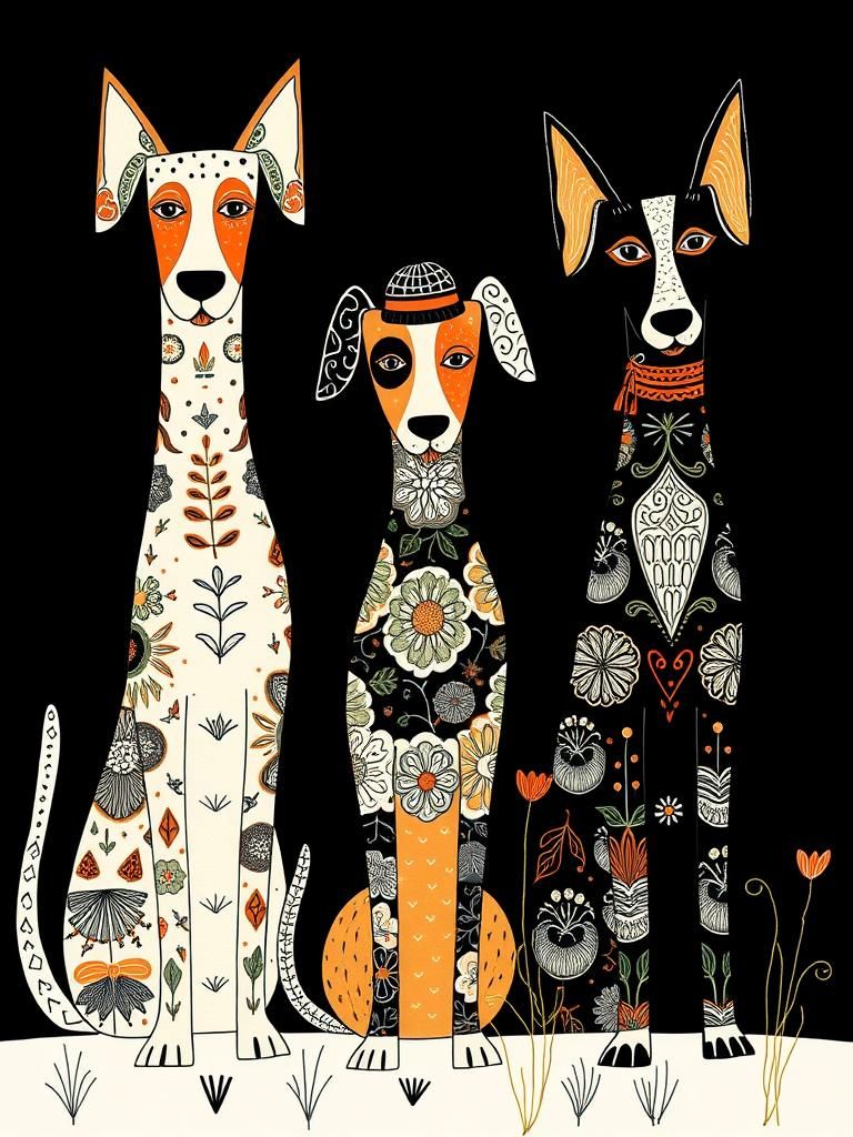 Whimsical Abstract Dogs with Intricate Patterns