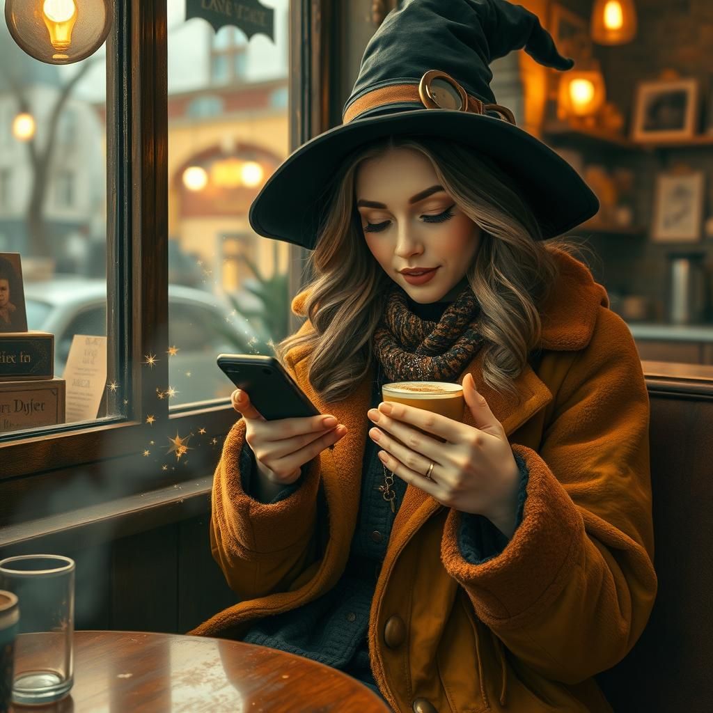 Modern Witch in Coffee Shop with Magic Sparkles