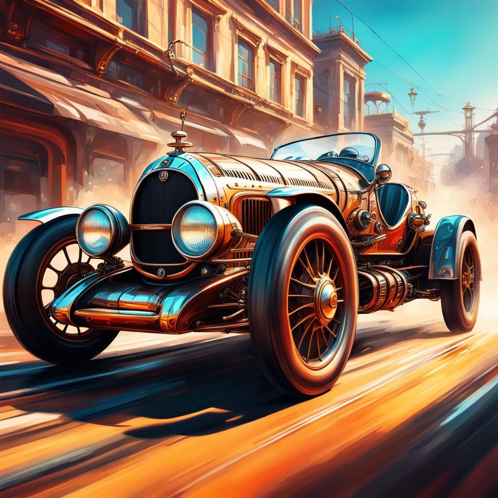 Steampunk Racing Car in Neo Retro-Futurism Style