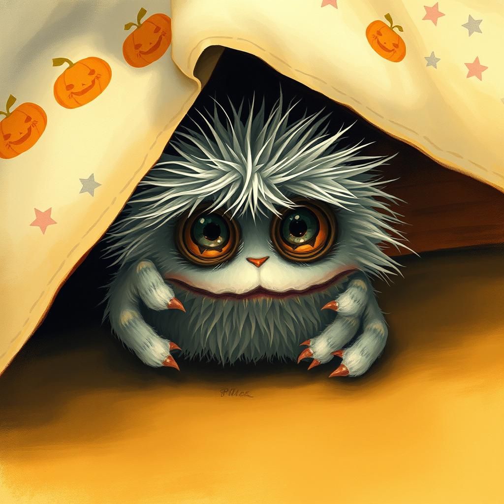 Fuzzy Monster Peek-a-Boo Under Bed in Whimsical Style