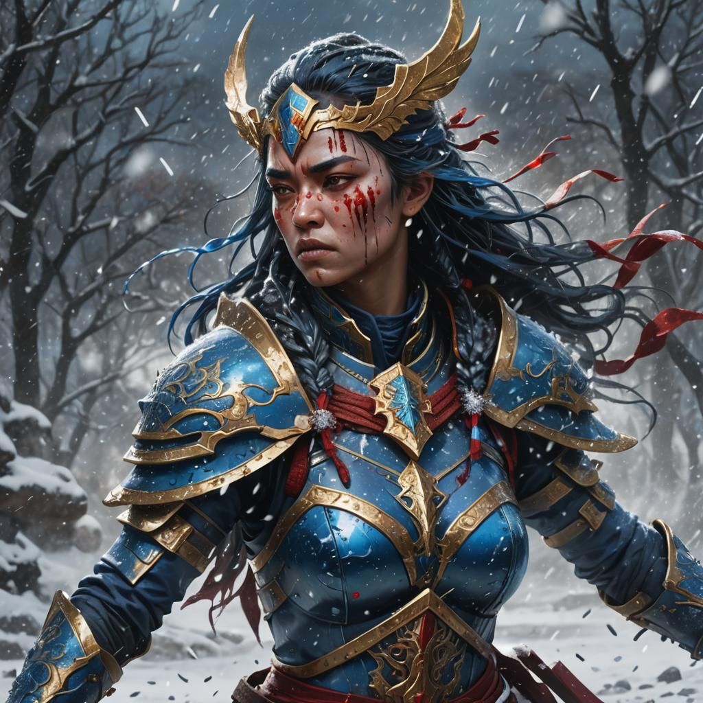 Fierce Blue Warrior Priestess in a Snowy Battle