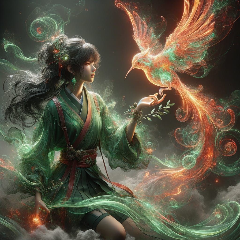 Girl with Sunbird Patronus in Mixed Media Style