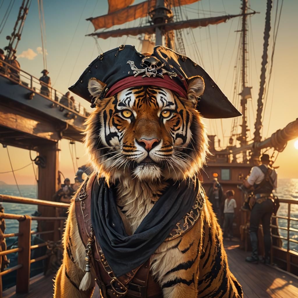 Pirate Tiger on Deck in Digital Art Style