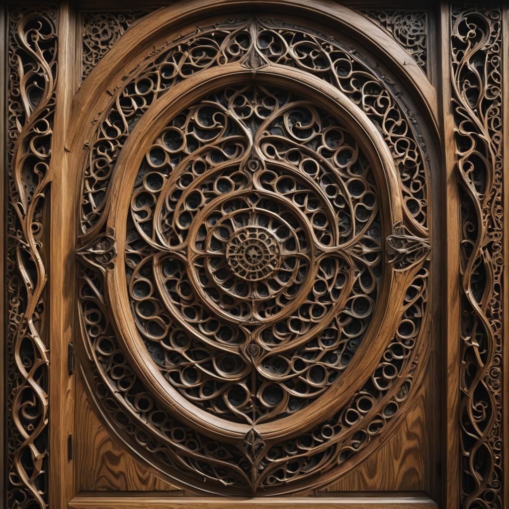 Mystical Oak Door with Fractal Carvings