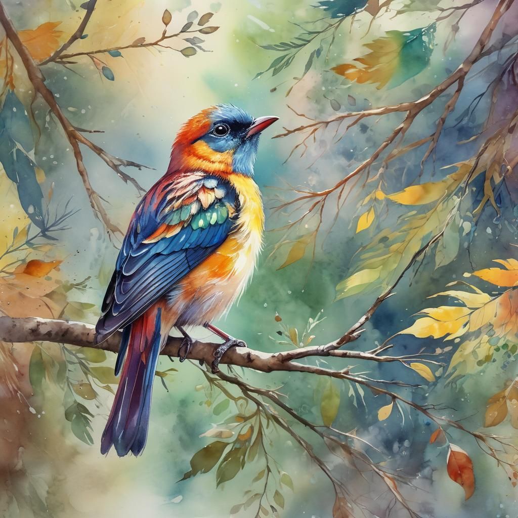 Colorful Bird Perched on Branch in Watercolor Style