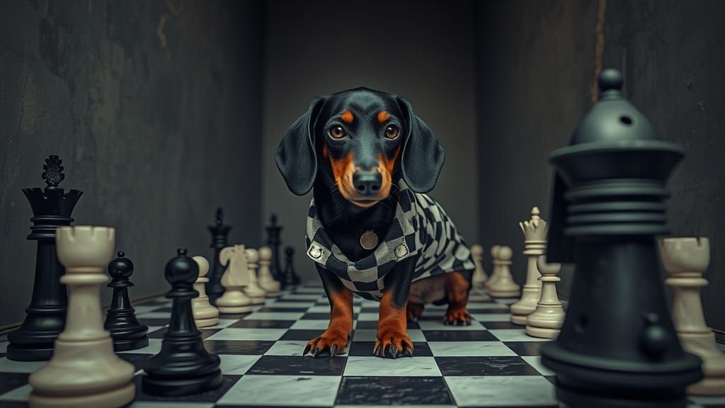 Surreal Dachshund on Chessboard in Dark Fashion Style