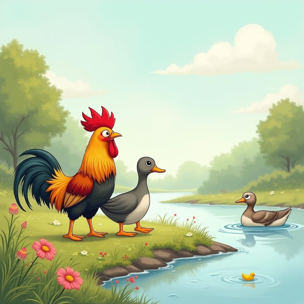 Proud Rooster and Humble Duck's Heartwarming Riverbank Adven...