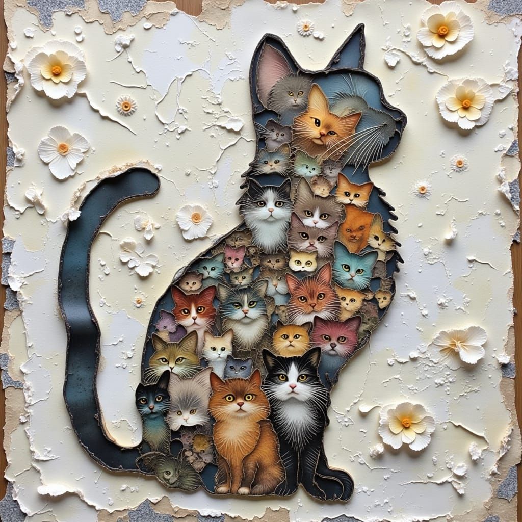 Tabby Cat Silhouette Paper Collage Art