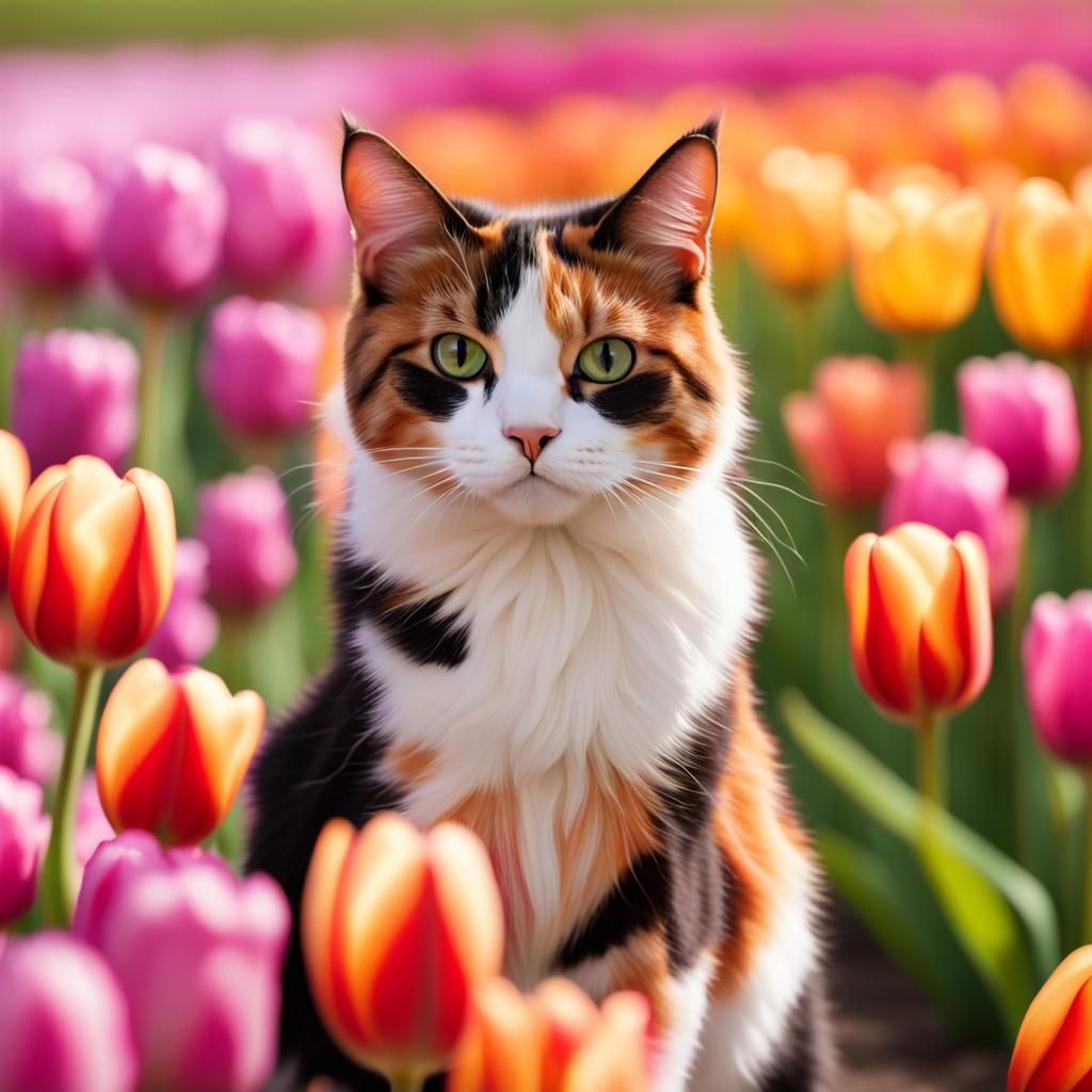 Calico Cat Relaxing in Tulip Field