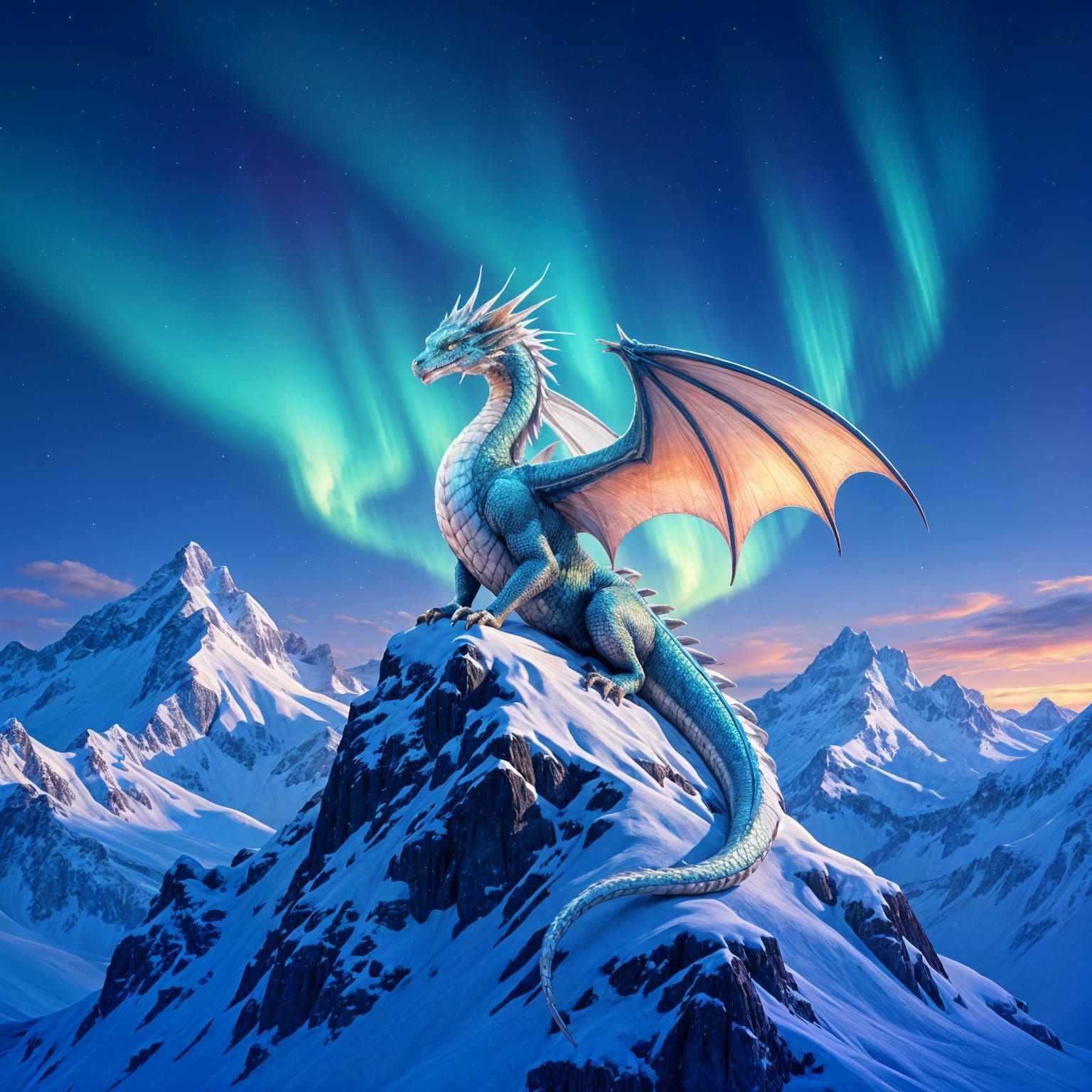 Rainbow Dragon on Snowy Peak: Hyperrealistic Wildlife