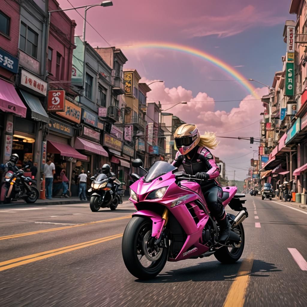 Woman on Pink Ninja on Rainbow Road: Digital Art