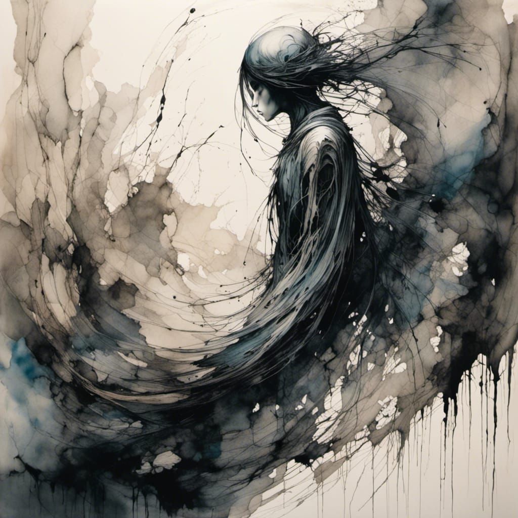 Ethereal Forms Drifting into Cosmic Abyss as Ink Wash