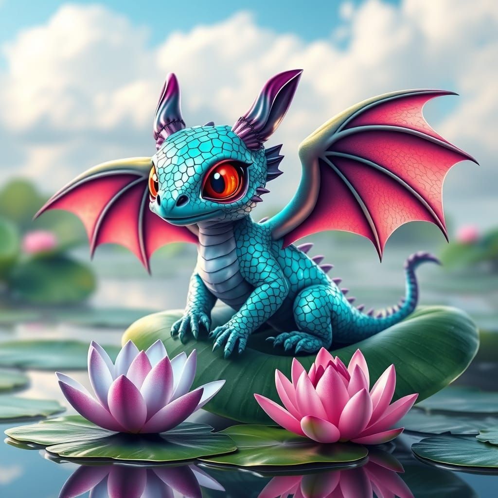 Turquoise Dragon on Lotus Pad: Digital Art