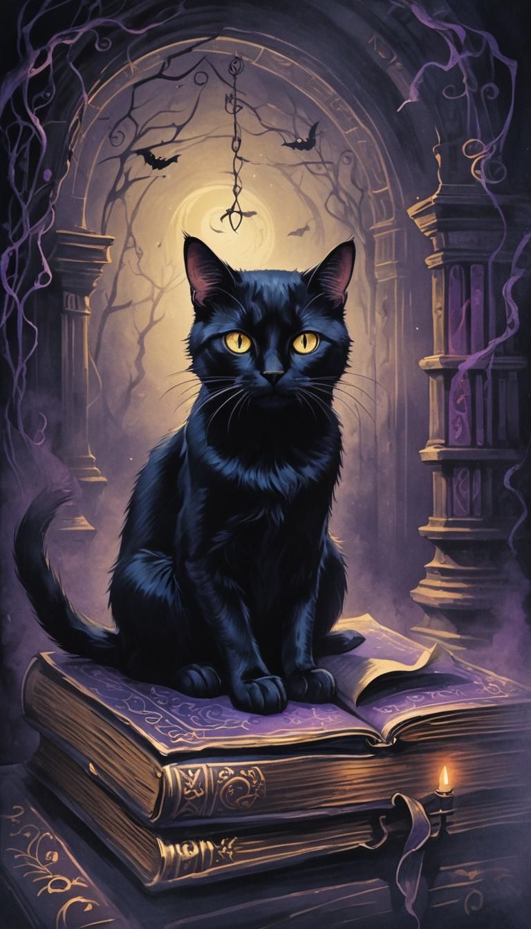 Whimsical Black Cat Portrait in Mystical Chamber